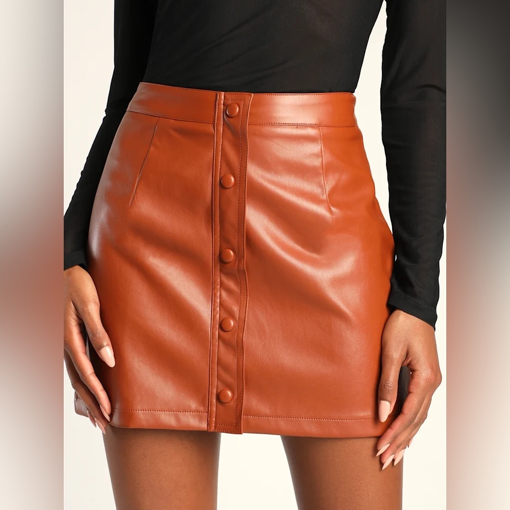 Most Fab Brown Vegan Leather Button-Front Mini Skirt by Lulus